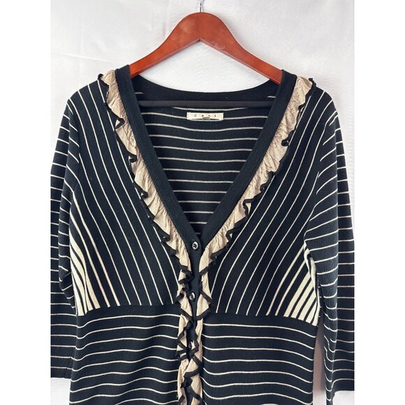 Cabi Black & Beige Striped Cardigan Sweater Medium 3/4 Sleeve Ruffle Trim V-Neck - Picture 1 of 5